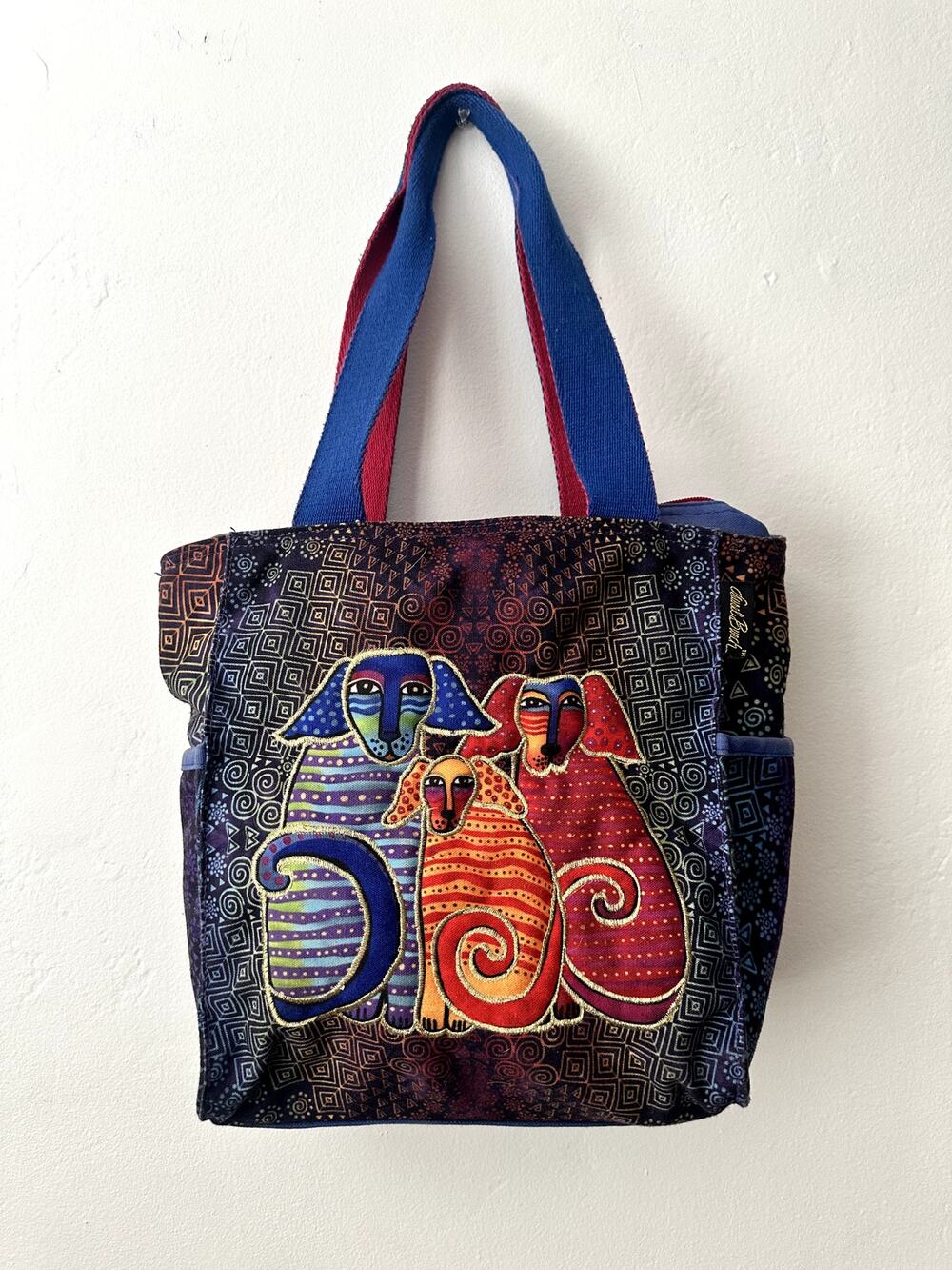 Laurel Burch Quilted Handbag/Tote/ Purse Dog Family of Friends Blue Multi